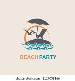 emblem of summer vacation with reclining chair and umbrella on island