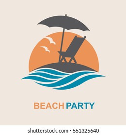Emblem of summer vacation with reclining chair and umbrella on island. Vector illustration