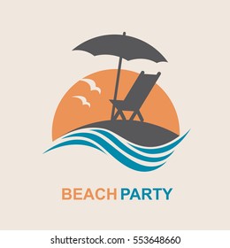 Emblem of summer vacation with reclining chair and umbrella on island. Vector illustration