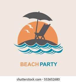 Emblem of summer vacation with reclining chair and umbrella on island. Vector illustration