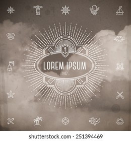 Emblem with sunburst and set of travel line icons against a clouds grunge vintage background