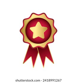 Emblem symbol with gold star and red ribbon. Award medal. Quality certificate badge warranty icon. Vector illustration isolated on transparent background.