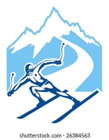 Emblem, the symbol of sport and health. Man rides from mountain on skis.
