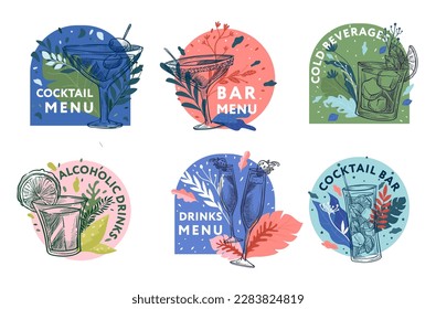Emblem tag set for cocktail menu concept. Sketch cold beverage elements at sticker collection, vector illustration. Colorful bar menu label design with hand drawn glasses