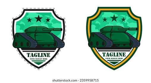 Emblem eines Panzerwehroffizier-Soldaten. Kampfargentransporttank mit grüner Färbung und langem Fass auf Hintergrund von Schildkröte. Cartoon-Vektorgrafik einzeln auf weißem Hintergrund