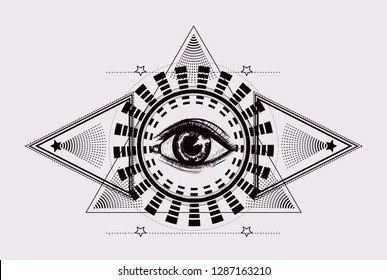 Emblem of tattoo salon. Line art. Sacred geometry with all seeing eye. To be used for print t shirt, coloring book pages. Stylised arrow. Ancient freemason symbol.