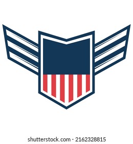 Emblem template with american flag and wings. Design element for emblem, sign, badge, logo. Vector illustration