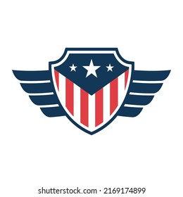 Emblem template with american flag and wings. Design element for emblem, sign, badge, logo. Vector illustration