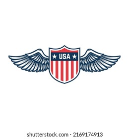 Emblem template with american flag and wings. Design element for emblem, sign, badge, logo. Vector illustration
