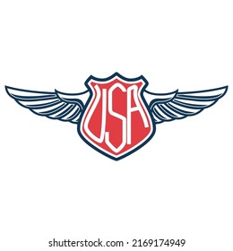 Emblem template with american flag and wings. Design element for emblem, sign, badge, logo. Vector illustration