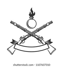 Emblem template with ancient rifle. Design element for logo, label, poster, print, card, banner, sign. Vector image