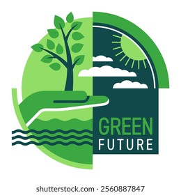 Emblem template for any ecological company, strategy, program or slogan. Hand holding plant or with sun, clouds and water. Abstract geometric style. Green Future as a slogan or name sample.