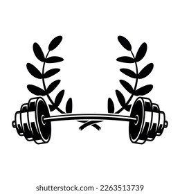 Emblem template with barbell and wreath. Design element for logo, sign, emblem. Vector illustration