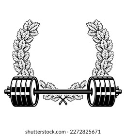 Emblem template with barbell and wreath. Design element for logo, sign, emblem. Vector illustration