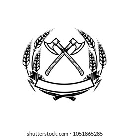 Emblem template with crossed axes. Design element for logo, label, emblem, sign. Vector illustration