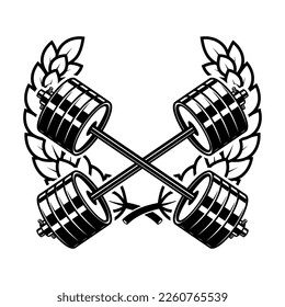 Emblem template with crossed barbells and wreath. Design element for logo, sign, emblem. Vector illustration