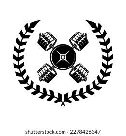 Emblem template with crossed barbells and wreath. Design element for logo, sign, emblem. Vector illustration