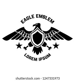 Emblem template with eagle in engraving style. Design elements for logo, label, sign, menu. Vector illustration