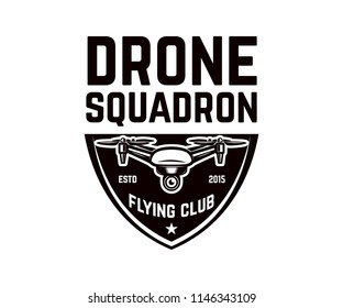 Emblem template with flying drone. Design element for logo, label, design. Vector illustration