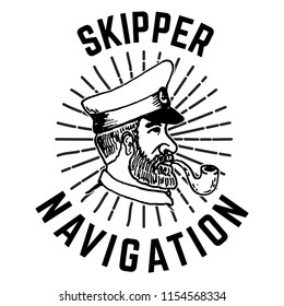Emblem template with hand drawn captain head. Design element for poster,sign, badge. Vector illustration