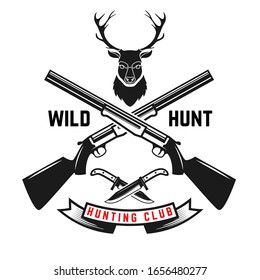 Emblem template of hunting emblem with deer head. Design element for logo, label, sign, poster, t shirt. Vector illustration