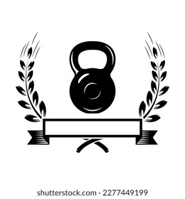 Emblem Template mit Kettlebells und Kranz. Design-Element für Logo, Zeichen, Emblem. Vektorgrafik