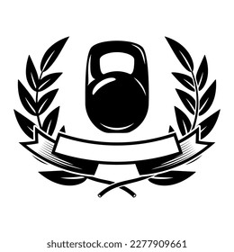 Emblem template with kettlebells and wreath. Design element for logo, sign, emblem. Vector illustration