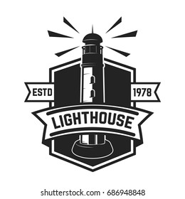 Emblem template with lighthouse isolated on white background. Design elements for logo, label, emblem, sign, badge. Vector illustration