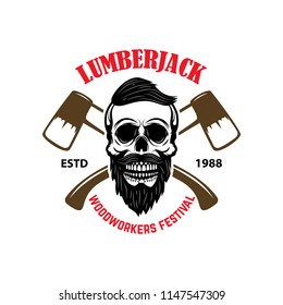 Emblem template with lumberjack skull and axes. Design element for logo, label, sign. Vector illustration