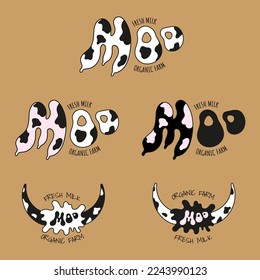Emblem template for milk products in black, white and pink colors. Set of 5 variations on a light brown background