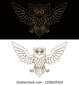 Emblem template with owl in golden style. Design elements for logo, label, sign, menu. Vector illustration