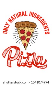 Emblem template with pizza slice. Design element for poster, banner, sign, emblem. Vector illustration