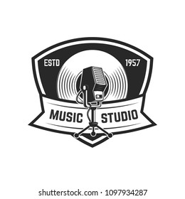 Emblem template with retro microphone. Design element for logo, label,  sign. Vector illustration