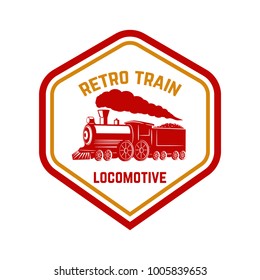 Emblem template with retro train. Rail road. Locomotive. Design element for logo, label, emblem, sign. Vector illustration