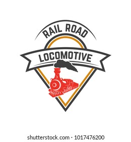 Emblem template with retro train. Rail road. Locomotive. Design element for logo, label, emblem, sign. Vector illustration