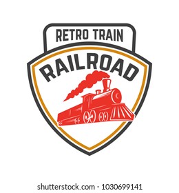 Emblem template with retro train. Rail road. Locomotive. Design element for logo, label, emblem, sign. Vector illustration