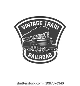 Emblem template with retro train. Rail road. Locomotive. Design element for logo, label, emblem, sign. Vector illustration