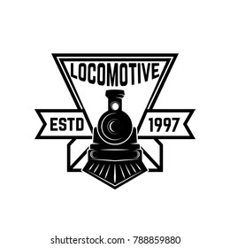 Emblem template with retro train. Rail road. Locomotive. Design element for logo, label, emblem, sign. Vector illustration