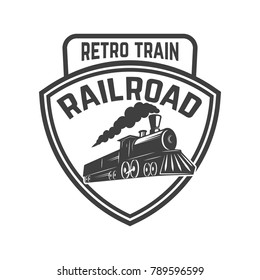 Emblem template with retro train. Rail road. Locomotive. Design element for logo, label, emblem, sign. Vector illustration