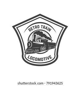 Emblem template with retro train. Rail road. Locomotive. Design element for logo, label, emblem, sign. Vector illustration