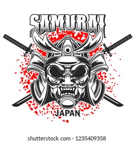Emblem template with samurai helmet and crossed katanas on grunge background. Design element for logo, label, sign, poster, t shirt. Vector illustration