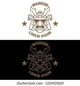 Emblem template with samurai helmet in line style. Design element for logo, label, sign, poster, t shirt. Vector illustration