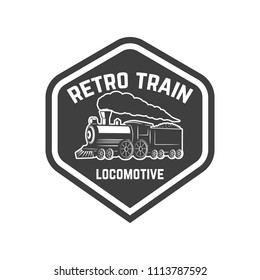 Emblem template with vintage train. Design element for logo, sign, label. Vector image