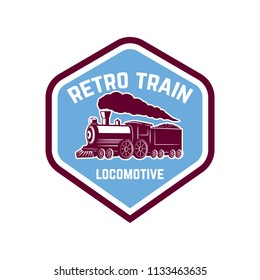 Emblem template with vintage train. Design element for logo, sign, label. Vector image