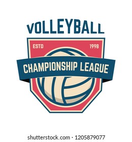 Emblem template with volleyball ball. Design element for logo, label, sign. Vector illustration