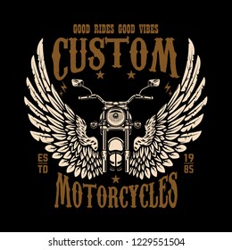 Emblem template with winged motorcycle. Design element for poster, t shirt, sign, badge. Vector illustration