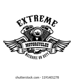 Emblem template with winged motorcycle motor. Design element for poster, logo, label, sign, t shirt. Vector illustration
