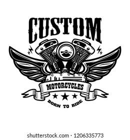 Emblem template with winged motorcycle motor. Design element for poster, logo, label, sign, t shirt. Vector illustration