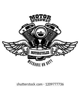 Emblem template with winged motorcycle motor. Design element for poster, logo, label, sign, t shirt. Vector illustration