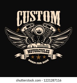 Emblem template with winged motorcycle motor. Design element for poster, logo, label, sign, t shirt. Vector illustration